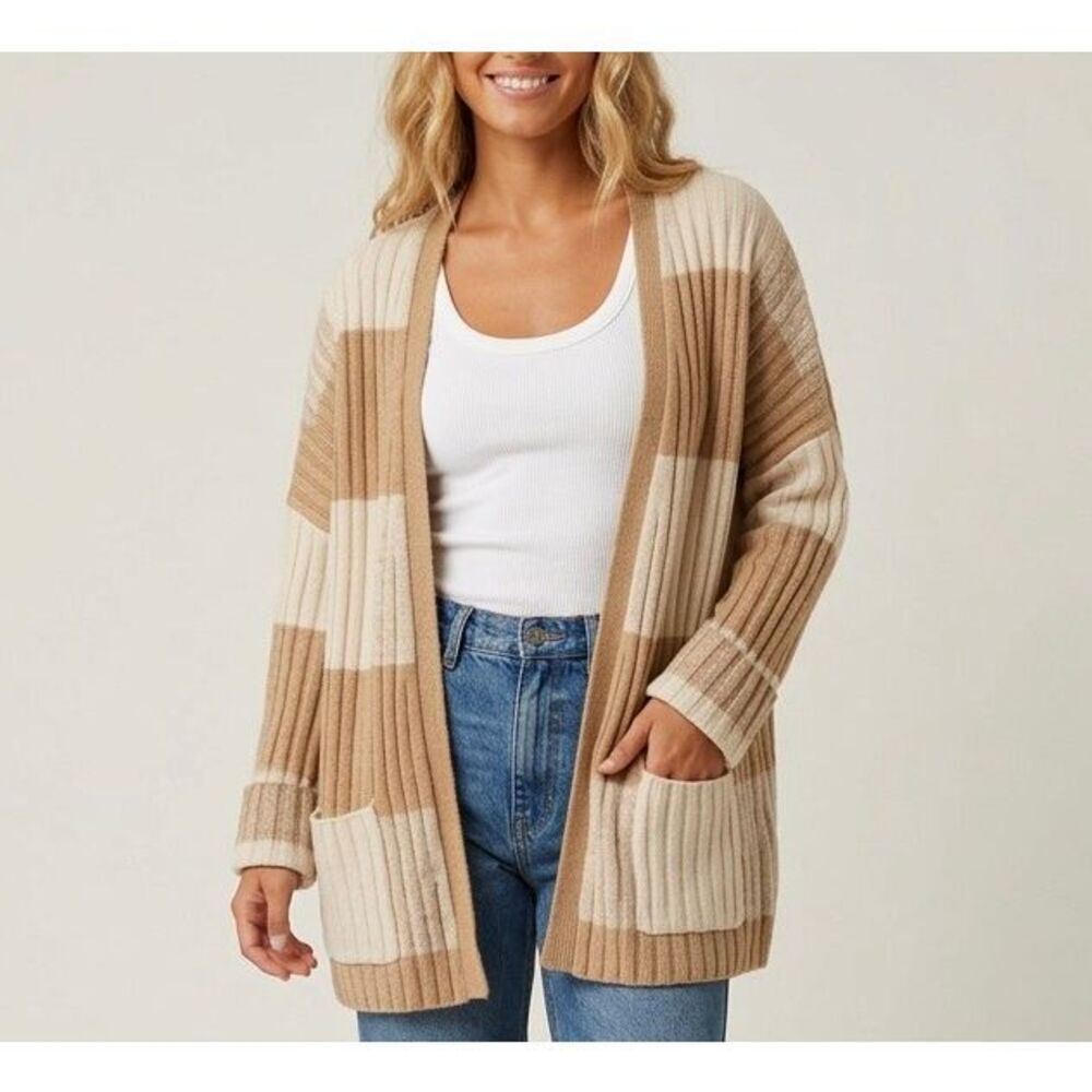 White + Warren Cardigan Open Front Merino Wool Cashmere Large Cream Tan